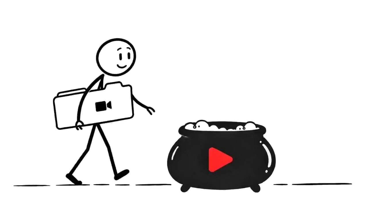 A relaxed person tips footage from a folder into the Showbrew cauldron, then watches it bubble into life.