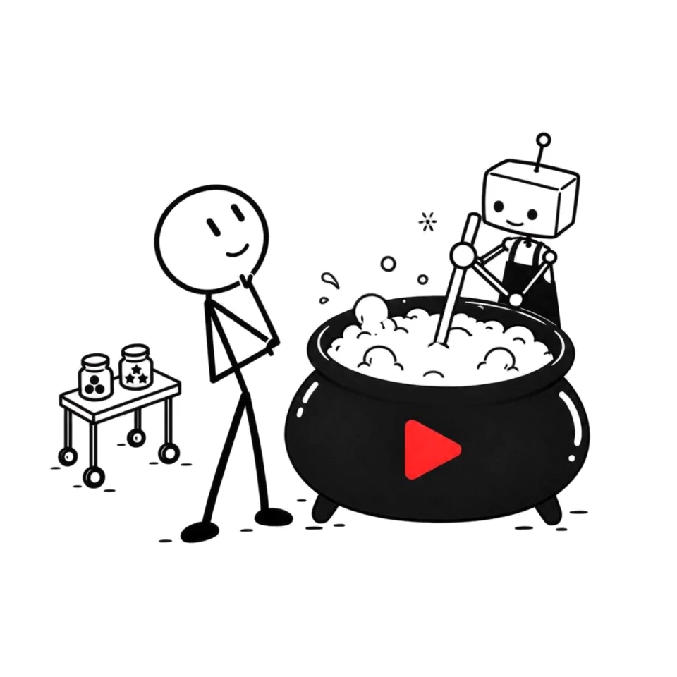 A person adds an ingredient while a cheerful robot stirs the Showbrew brew; together they bring it into balance.