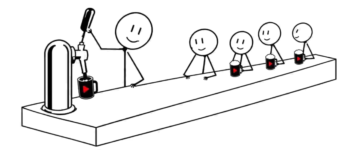 A bartender fills the last mug for four friends, who raise their drinks for a celebratory toast and laugh together.