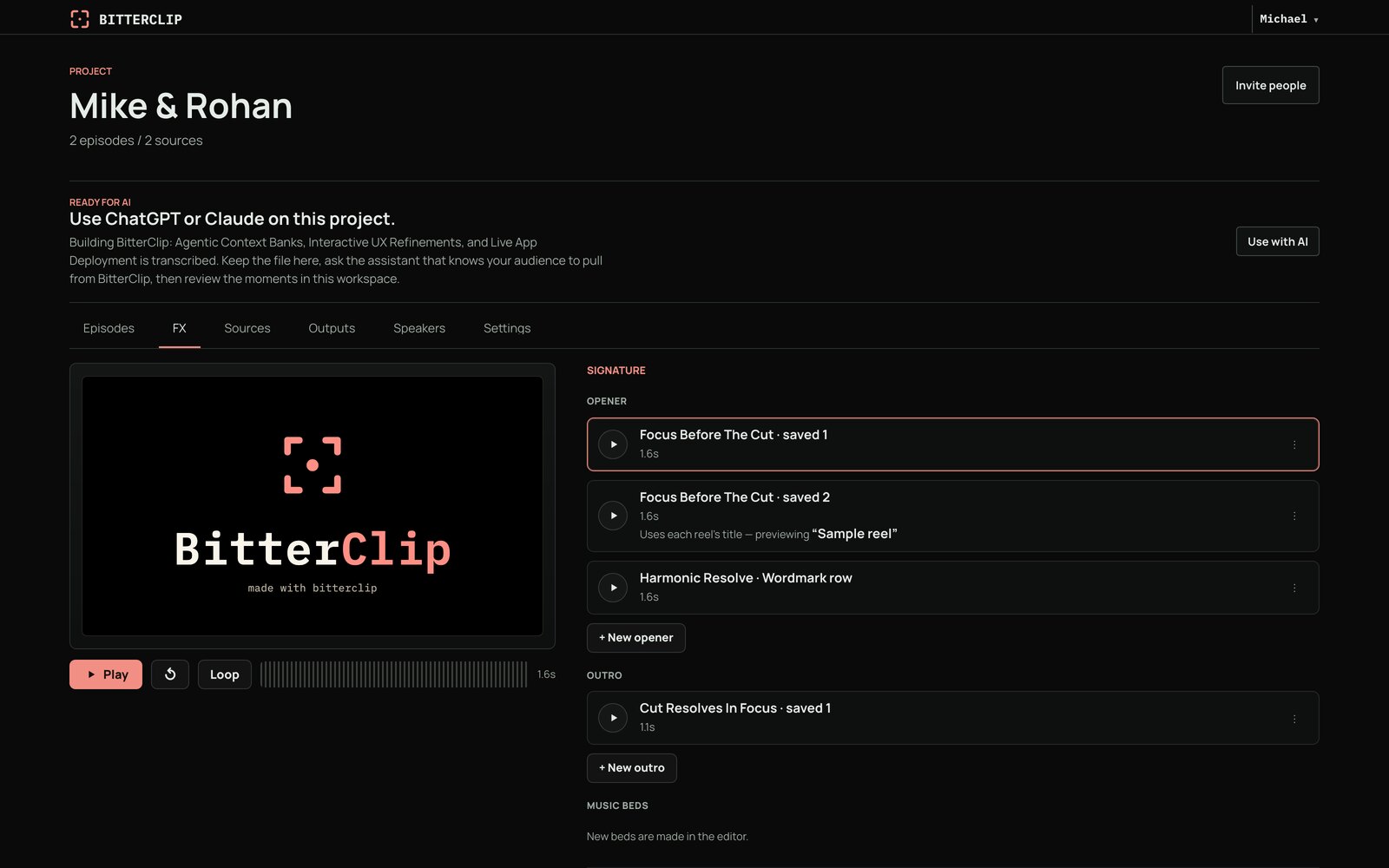 Project FX tab showing the signature shelf with saved opener and outro effects.