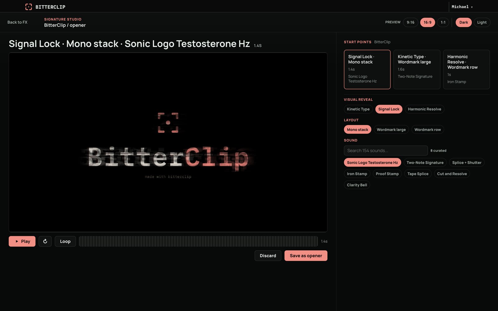 Signature Studio full-screen lab showing a BitterClip wordmark opener mid-animation on a dark stage.