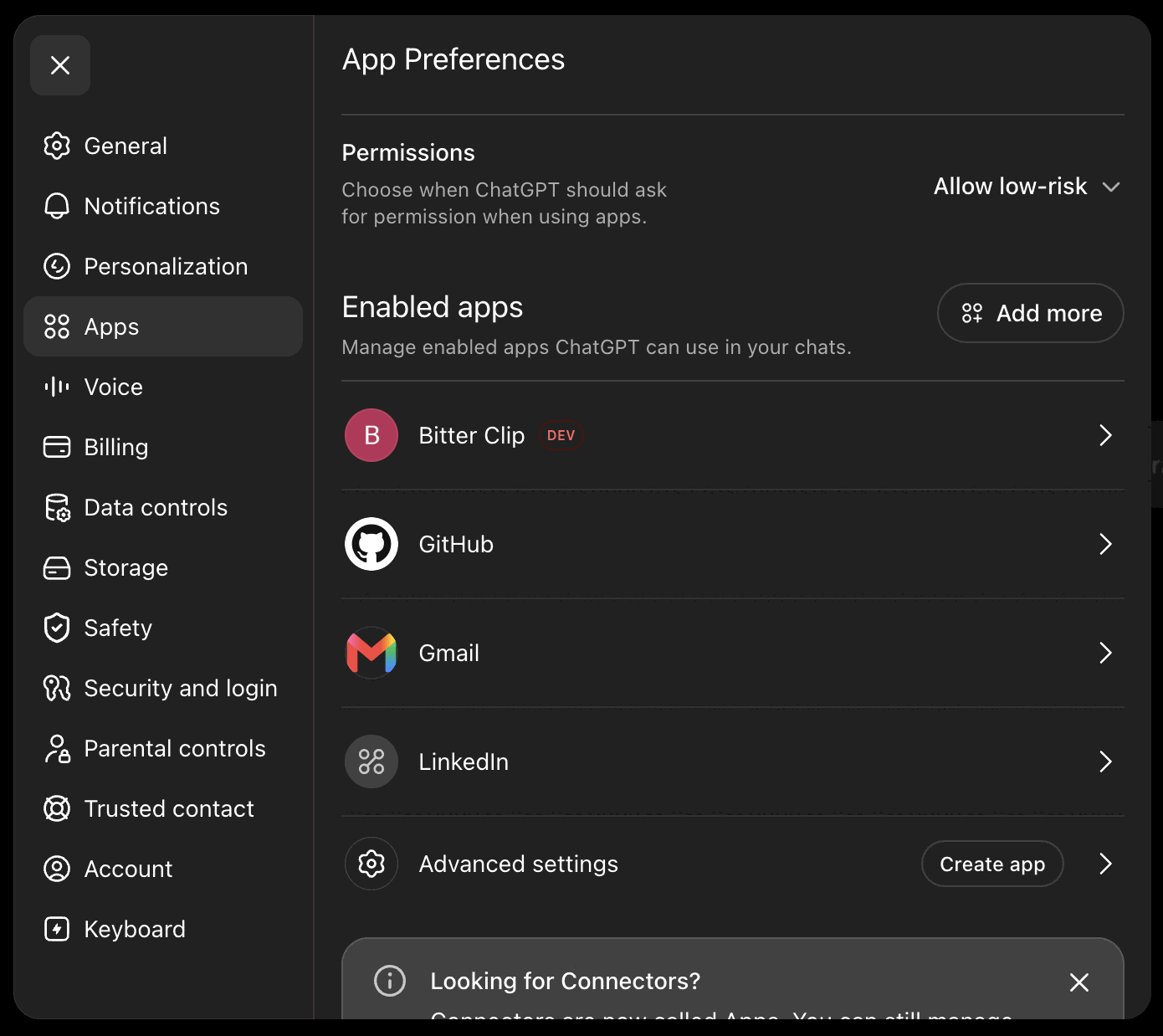 ChatGPT Settings, Apps tab — "Create app" sits next to Advanced settings