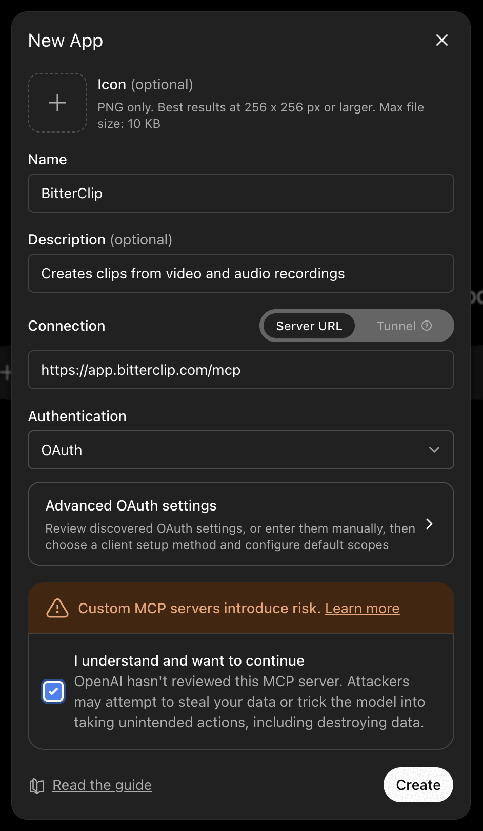 ChatGPT's New App window with BitterClip's name, the app.bitterclip.com/mcp server URL, and OAuth selected