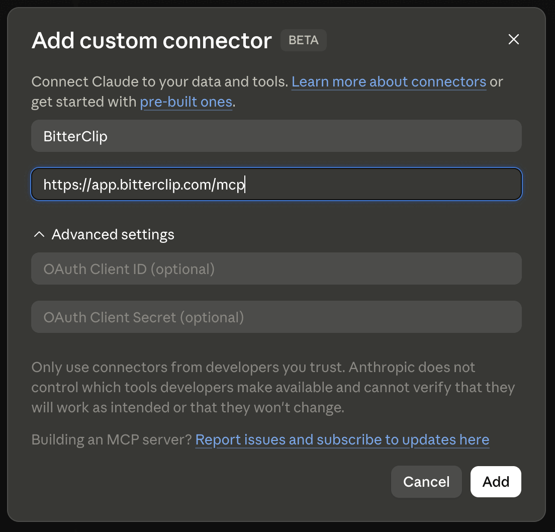 Claude's "Add custom connector" dialog with BitterClip and the app.bitterclip.com/mcp URL
