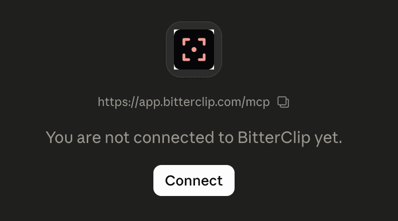 Claude showing BitterClip not connected yet, with a Connect button