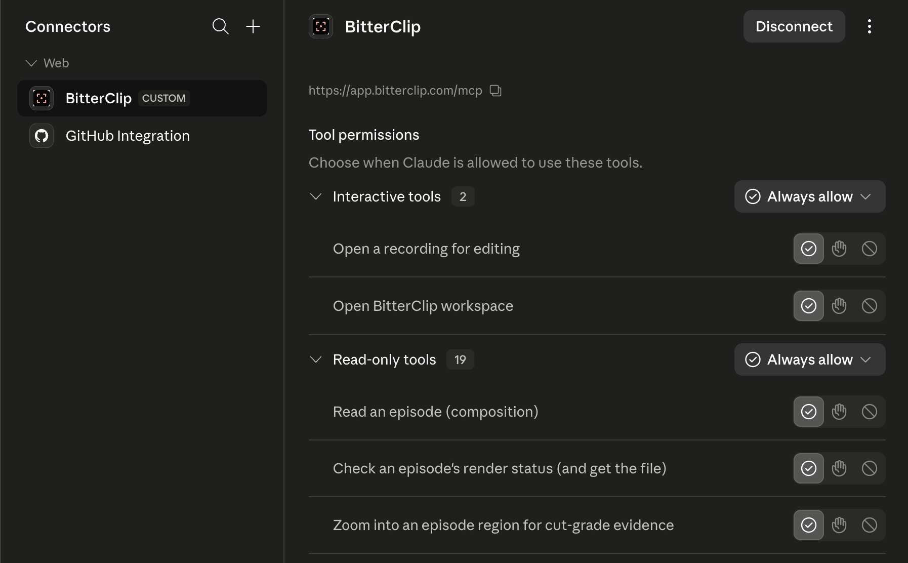Claude's BitterClip connector page with tool permissions set to Always allow